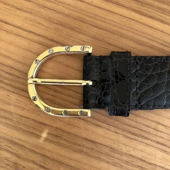 Crocodile leather Belt Nailhead Buckle Made in Italy Designer Black Women's 34" - Picture 2 of 7